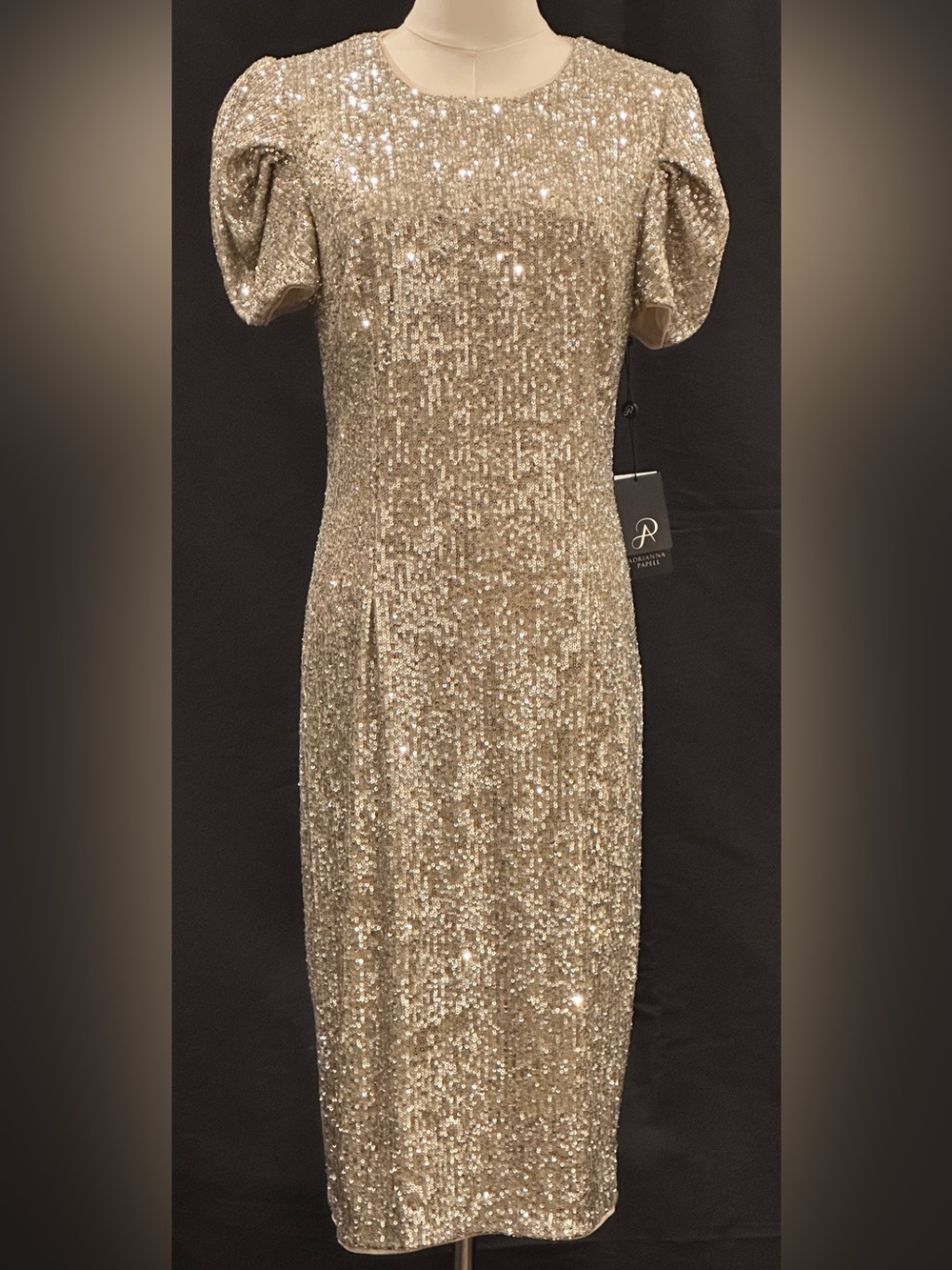 Adrianna Papell Sequin Puff Sleeve Sheath Dress Size 8 Metallic Champagne Silver